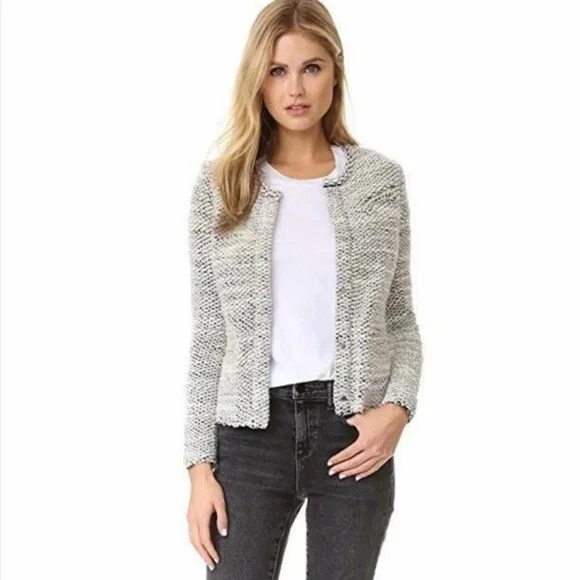 IRO Carene Knotted Boucle Knit Gray Wool Blend Snap Button Jacket Sz FR 40/US 8 - Picture 2 of 12